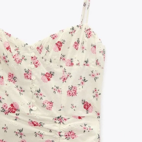 ZARA LINEN FLORAL BUSTIER EYELET SMOCKED BACK FULLY LINED MIDI DRESS - Picture 11 of 14